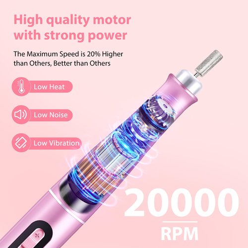 Electric Nail File, LveSunny 12 in 1 Professional Cordless Nail Drill Buffer Machine for Natural Acrylic Gel Nails, Digital Display, 5-Speed F/R, USB Portable Efile, 20000 RPM Electric Nail Care Kit