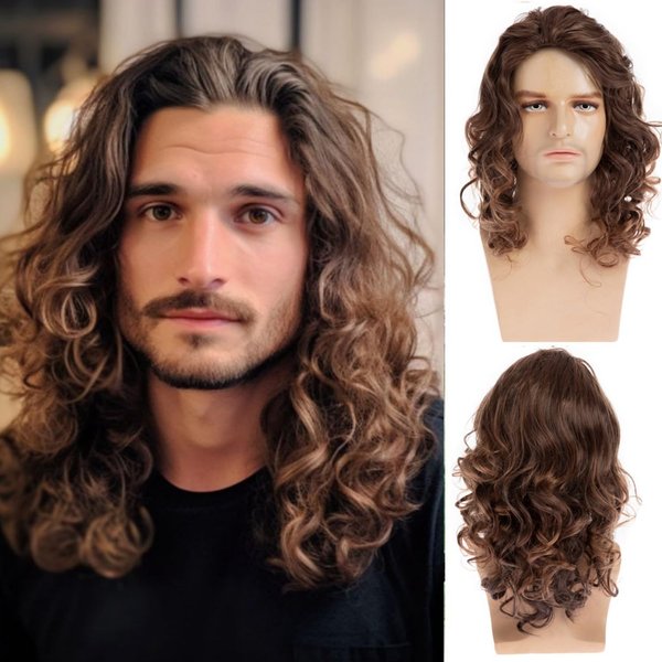Beweig Brown Wig for Men Long Curly Wavy Synthetic Halloween Costume Party Wig for Male