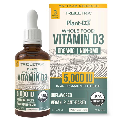 Plant-D3 Organic Vitamin D3 5000 IU - Vegan, Max Strength Sublingual Liquid D3 Drops - 200% Higher Absorption - 100% Plant-Based Cholecalciferol Form - Adjustable Dosing for All Ages (1oz Liquid)