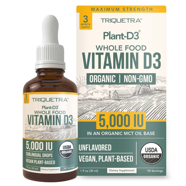 Plant-D3 Organic Vitamin D3 5000 IU - Vegan, Max Strength Sublingual Liquid D3 Drops - 200% Higher Absorption - 100% Plant-Based Cholecalciferol Form - Adjustable Dosing for All Ages (1oz Liquid)