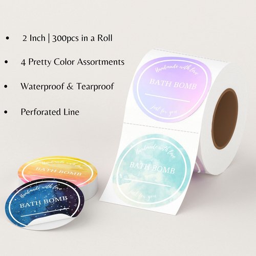 Mobiusea Creation Bath Bomb Labels Roll | 2 Inch |300 pcs Waterproof Bath Bomb Stickers for Small Bags, Bath Bomb Making Kit, Bath Bomb Making Supplies, Bath Bomb Labels and Packaging