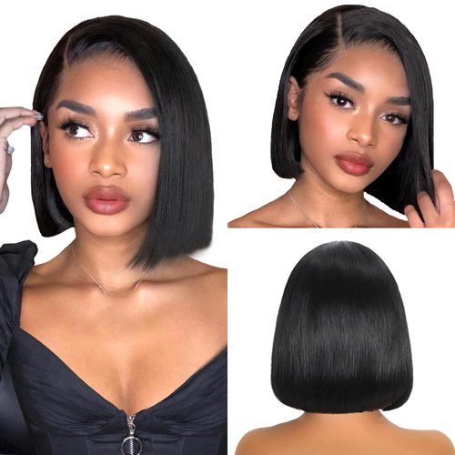 YGP Bob Wigs Human Hair 200 Density 13x4 HD Transparent Lace Front Bob Wigs Pre Bleached Tiny Knots Glueless Wigs for Women Natural Black 8 Inch