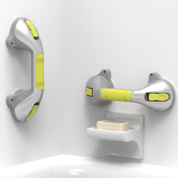 SAFETY+BEAUTY 2-Pack 12in Suction Bath Grab Bar with Indicators, Balance Assist Bathroom Shower Handles, Silver/Yellow