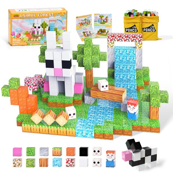 132PCS Toddler Magnetic Blocks,Kids Farm-Forest Animals Magnetic Building Toy-STEM Sensory Game,with Flowers-Trees-Stones-Water-Grass-Bunnies,Christmas Birthday Gifts for Ages 3 4 5 6+ Boys Girls