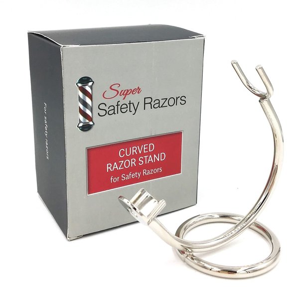 Curved Chrome Razor Stand for Safety Razors - fits All Razors with Handle Lengths of 80 mm or More