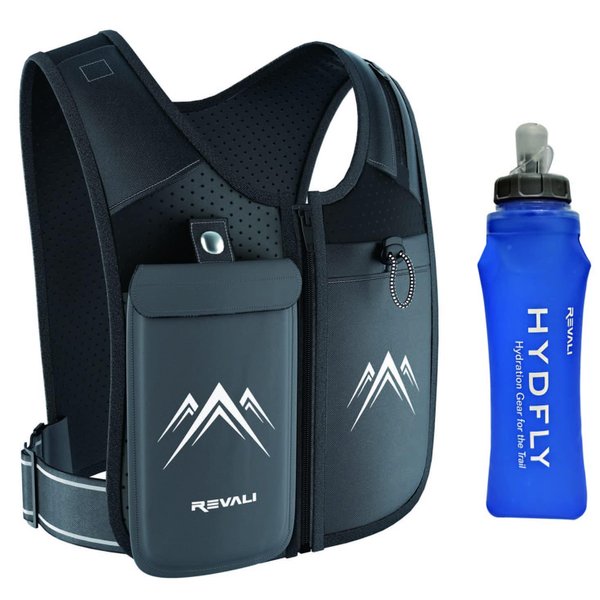 REVALI Running Vest, USA Original Patent, Zip Reflective Running Vests with 500ml Hydration Bottle, Adjustable Waistband & Breathable Material, Chest Pack Gear Phone Holder for Running, Men & Women