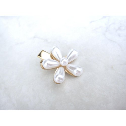 Gold metal white pearl flower alligator hair clip fine thin hair