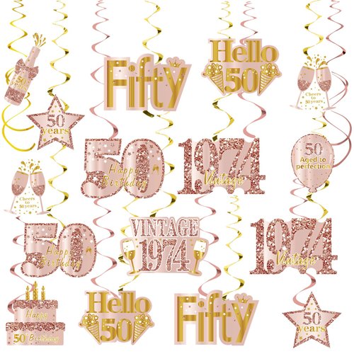 Turypaty Pink Gold 50th Birthday Decorations Hanging Swirls for Women, Rose Gold Happy 50th Birthday Vintage 1974 Foil Swirls Party Supplies, Fifty Year Old Birthday Ceiling Decor