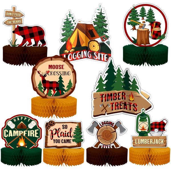 9 Pcs Lumberjack Honeycomb Centerpieces Lumberjack Birthday Party Table Decorations Buffalo Plaid Honeycomb Centerpieces 3D Double Sides for Baby Shower Birthday Classroom Camping Supplies
