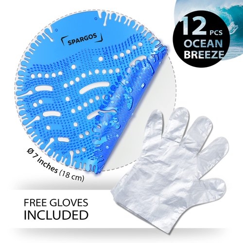 Urinal Screen Deodorizer (12 Pack) Urinal Cakes Anti-Splash Toilet Smell Refresher protection for Bathroom Office Stadiums Schools with Free Gloves - 12pcs Blue Ocean Breeze