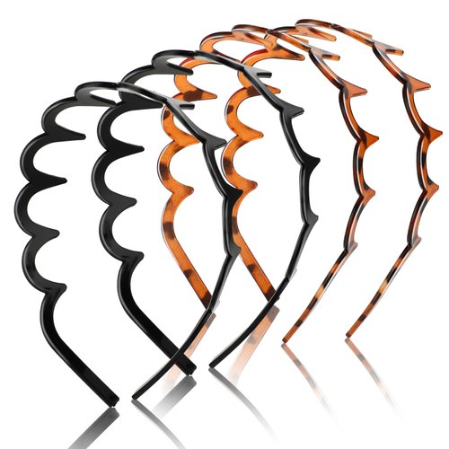 WY LIGHTING LEVEL Zig Zag Headbands, 4 Pieces Shark Tooth Hair Comb Hairband, Wavy Shape Plastic Hair Bands, Hair Hoop Accessory for Women Lady Girl (Black, Leopard-print Style)