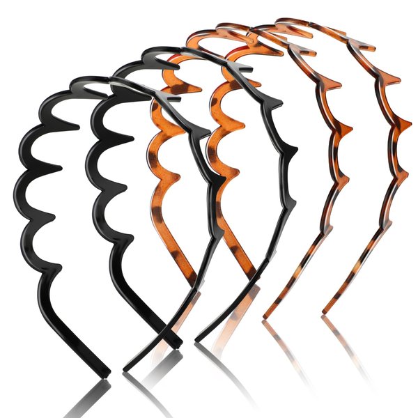 WY LIGHTING LEVEL Zig Zag Headbands, 4 Pieces Shark Tooth Hair Comb Hairband, Wavy Shape Plastic Hair Bands, Hair Hoop Accessory for Women Lady Girl (Black, Leopard-print Style)