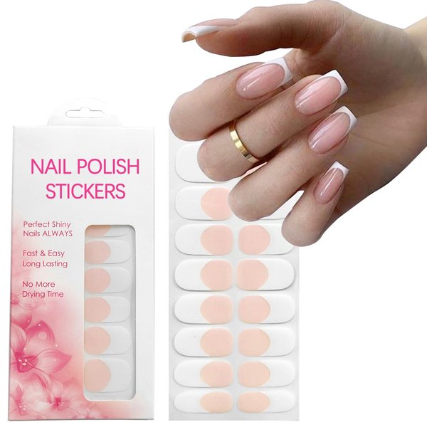 YOSOMK Gel Nail Strips, White Pink French Gel Nail Stickers, UV Free, Long Lasting 16 Nail Wraps for Women, French Tip Nail Polsih Stickers, Includes 1 Nail File, 1 Wooden Stick and 2 Prep Pad