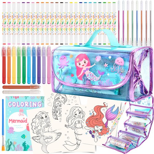 yasest Washable Kids Markers Set - 66Pcs Coloring Markers Kit for Kids Ages 4 5 6 7 8 8-12 with Mermaid Pencil Case, Markers and Crayons, Glitter Gel Pens, Coloring Pages, Drawing, Gift for Girls…