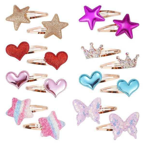 16 Pcs/8 Pairs Hair Clips for Girls, Star/Crown/Heart Shaped Kids Hair Barrettes, Cute Hair Clips Metal Snap Hair Pins Sparkly Hair Styling Accessories for Girls, Kids, Baby
