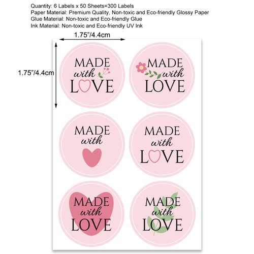 Lolocor 300pcs 1.75" Made with Love Round Gift Labels - Heart, Floral & Green Leaf Design, Eco-Friendly Glossy Stickers for Homemade Handmade DIY Gifts, Treats, Crafts, Beauty, Gift Decoration