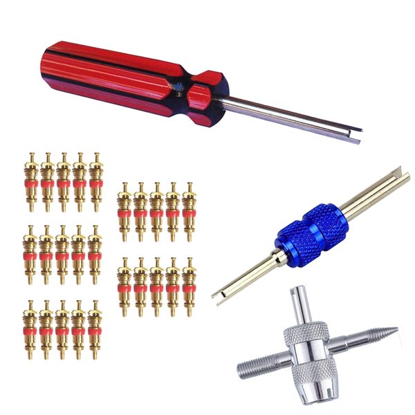 Febrytold 3 Pcs Tire Valve Core Remover Tools with 25 Pcs Brass Valve Stem Cores, 4-Way Valve Stem Core Tool, Dual & Single Head Tire Valve Core Remover Installer Tools