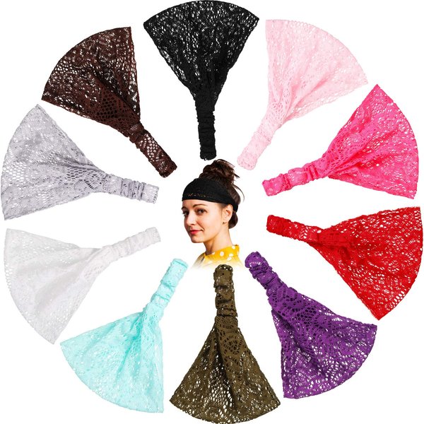 10 Pieces Lace Elastic Headwrap Lace Elastic Headbands Boho Bandana Bohemian Headband Hair Accessories for Women Girls, 10 Colors