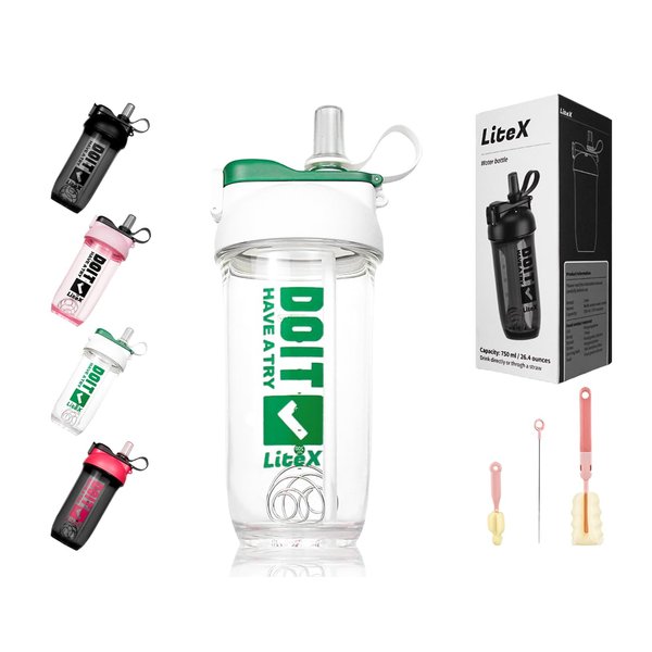 Litex Shaker Bottles for Protein Shakes, 26oz Blender Shaker Bottle for Pre-Workout,Shaker Cups with Straw, BPA-free Tritan Mixer Bottles for Protein Powder,with Cup Brush and Instructions (White)