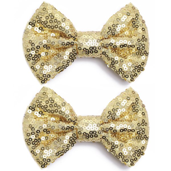 KISZU 4 Inch Sequin Glitter Hair Bows Clips, Sparkling Bling Little Bow HairPins Hair Accessories for Baby Girls Kids Children Teens and Women (Gold)