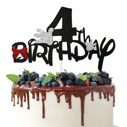 4th Birthday Cake Topper for Cartoon Mouse Theme Birthday Party Decorations, 4 Years Old Birthday Cake Decor Supplies, Bows and White Gloves Sign (Black Glitter)