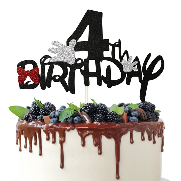 4th Birthday Cake Topper for Cartoon Mouse Theme Birthday Party Decorations, 4 Years Old Birthday Cake Decor Supplies, Bows and White Gloves Sign (Black Glitter)