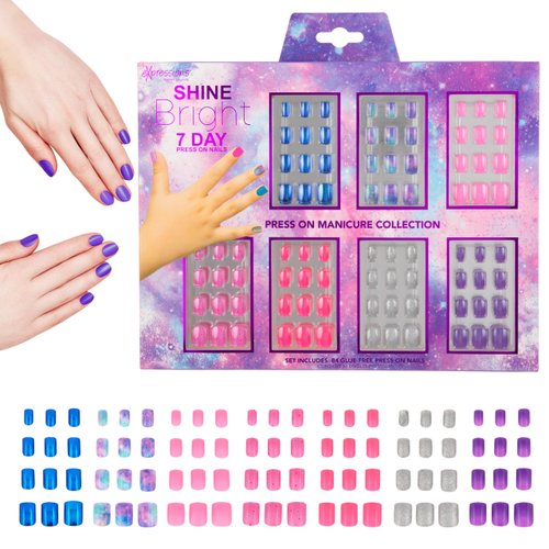 Expressions Girls 7-Day Press On Nails Set | Assorted Colors Nail Accessories for Kids