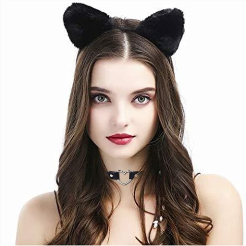 OLYPHAN Cat Ears and Tail Costume Accessories Anime Ear Clips Headband Black Tail Long & Heart Choker for Cosplay Cat Costume Set Animal Ears Hair Clip for Women, Halloween, Neko Accessory Kit