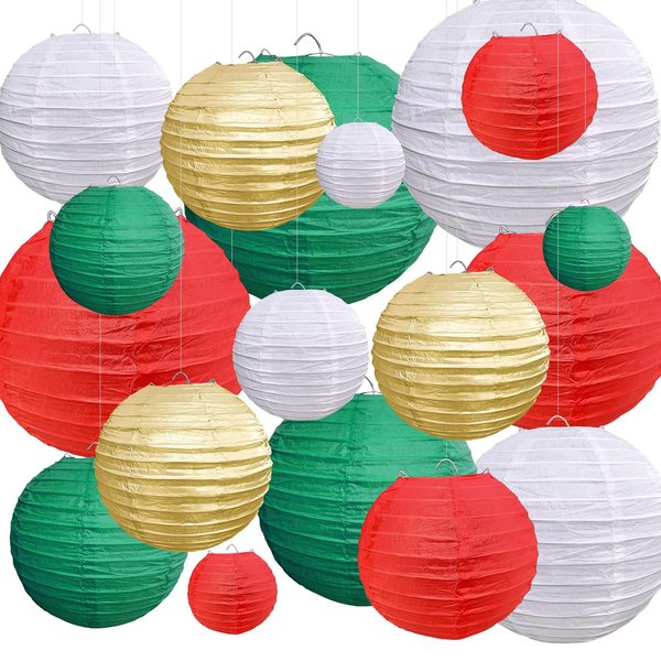PheiLa 18 Pcs Christmas Paper Lantern Set Red Green White Gold Hanging Paper Lantern Decorations for Wedding Birthday Bridal Baby Shower Graduation Christmas Party Supplies