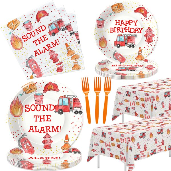 HIPVVILD Fire Truck Birthday Party Supplies Tableware - Firefighter Party Supplies, Firetruck Birthday Decorations, Include Plate, Napkin, Tablecloth, Fork, Fireman Birthday Party Supplies | Serve 24