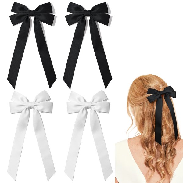 4PCS Silky Satin Hair Bows Hair Clip Black White Hair Ribbon Clips for Women Ponytail Holder Hair Accessories Alligator Clips Bow for Women Girls Toddlers Teens Kids