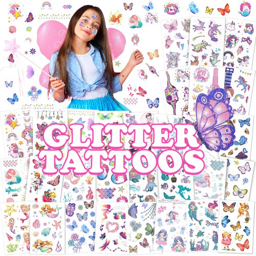 Sinmoe 30 Sheets 400 pieces Glitter Temporary Tattoos for Kids Waterproof Butterfly Mermaid Unicorn Cartoon Stickers Girls Glow Tattoo for Birthday Party Favors Goodie Bags Fillers(Ocean Style)