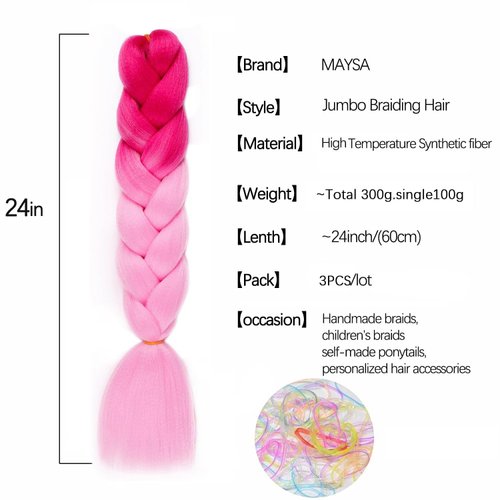 MAYSA Hot Pink Ombre Braiding Hair Extensions, 24inch Pink Braiding Hair Pre stretched, 3Packs Synthetic Jumbo Braiding Hair For Women and Girls #Hot pink-pink