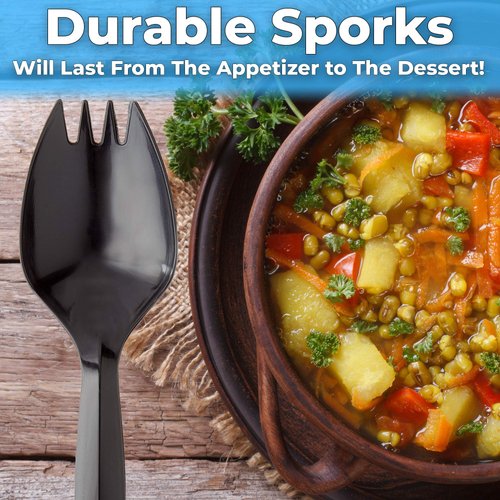 BPA-Free Black Disposable Sporks 100 Pk. Recyclable, Eco-Friendly and Kid-Safe 2-in-1 Utensils Built Strong to Last Large Meals. Great for School Lunch, Picnics or Restaurant and Party Supply (100)