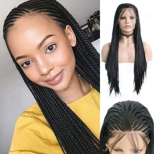 RONGDUOYI RDY 24 Inches Black Braided Lace Front Wigs for Black Women Natural Hairline Synthetic Wig Pre Plucked Glueless Braids Wig (180% Density,Style1)