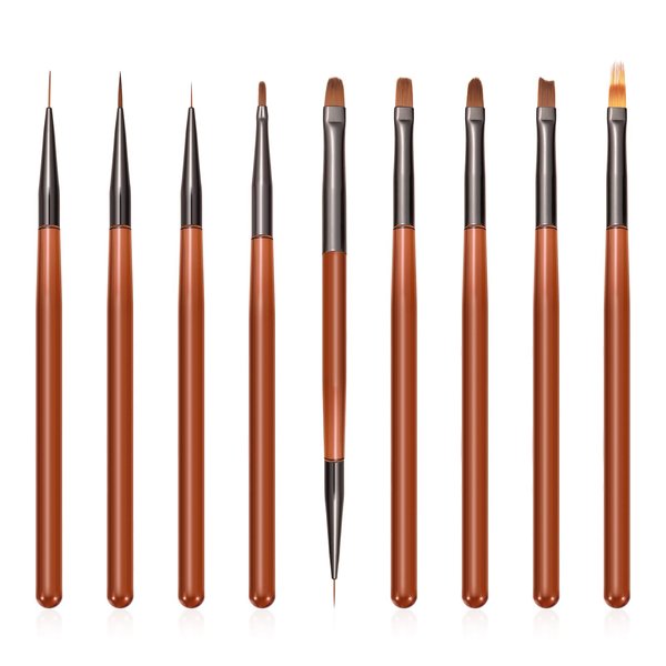 9Pcs Nail Art Brush Set, Builder Painting Design Detail Drawing Brushes Dotting Pen Double-Ended French Liner For Gel Polish Manicure Tools Acrylic Home DIY Salon Use Women, Brown