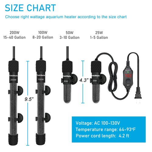YukiHalu Small Submersible Aquarium Heater, Adjustable Mini Fish Tank Heater 25W 50W 100W 200W 300W with External Temperature Controller, LED Display, Used for 5/10/20/40/60 Gallons (25 Watts)