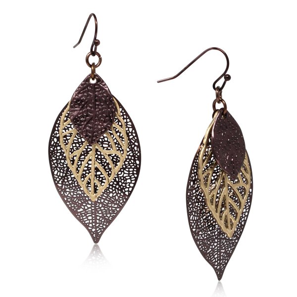 Pomina Choco Gold Fashion Fall Leaf Boho Earrings Gold Silver Two Tone Filigree Leaf Dangle Drop Earrings for Women Girls (ChocoGold_Earrings)