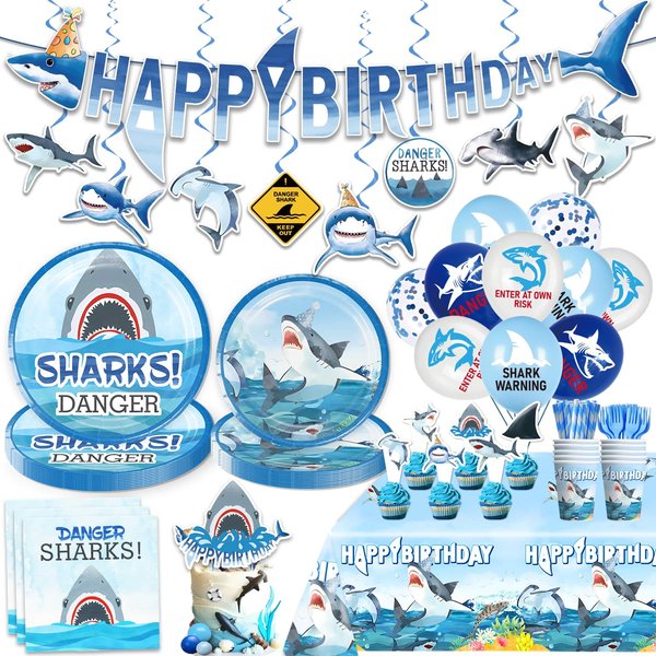 cocomigo 197 Pcs Shark Birthday Party Decorations Tableware Set, Shark Party Supplies Include Banner, Plates, Tablecloth, Cake Topper and Balloons Etc, for Shark Themed Decorations Serves 25 Guests