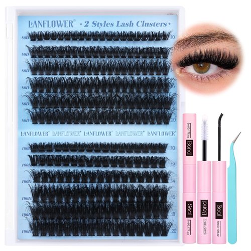 Eyelash Extension Kit 80D 100D Lash Clusters Kit Waterproof D Curl Lash Extension Kit Fluffy Individual Lashes 10-20mm Cluster Eyelash Extensions Kit with Lash Bond and Seal by Lanflower
