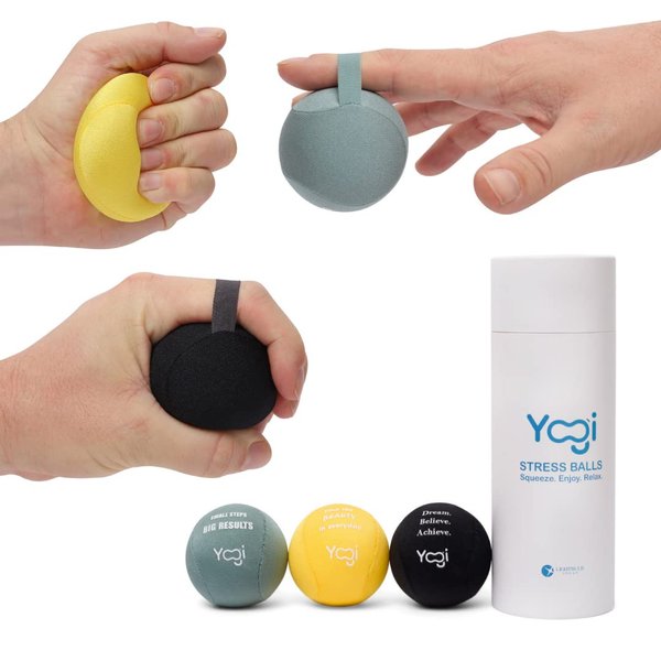Yogi Stress Balls - Stress Ball with Finger Grip Strap, Stress Balls for Adults, Grip Strength Trainer Squeeze Balls, Anxiety Stress Relief, Fidget Handball, Squish Ball - 3 Pack