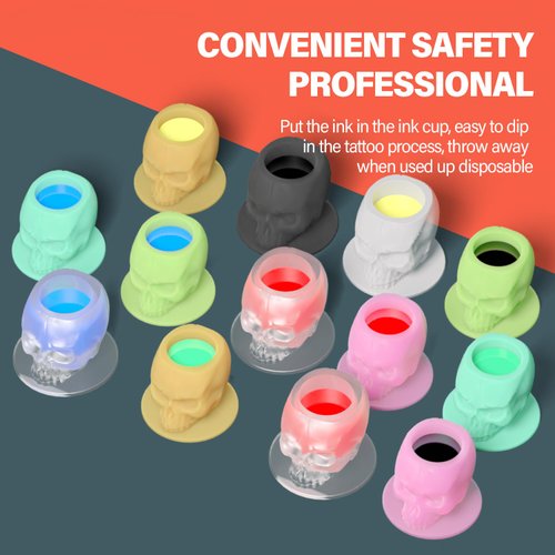 OZER Tattoo Ink Cups with Stable Base and 200pcs Tattoo Ink Cup Skull Disposable Silicone Tattoo Pigment Cup Pink