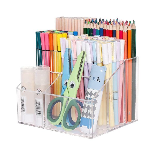 Yesesion Clear Pen Holder, Pen Organizer for Desk, Pencil Cup for Home Office, School Supplies, Art Stationery, Desktop Storage and Accessorizes for Card, Marker, Remote Control