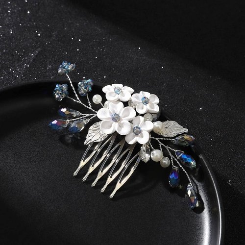Earent Bride Wedding Flower Hair Comb Blue Crystal Hair Piece Bridal Hair Accessories Wedding Leaf Side Combs for Women and Girls