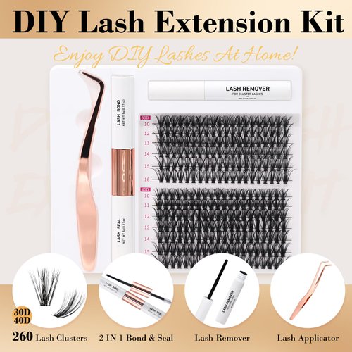 Miuffue DIY Lash Extension Kit 260 PCS Individual Cluster Lashes Kit 0.07D 10-16mm MIX 30D 40D Eyelash Extension Kit Lash Bond and Seal Glue Remover with Eyelash Tweezers (C Curl)