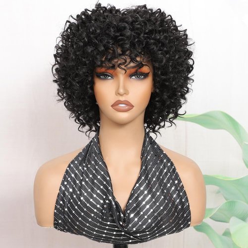 UGORGEOUS Short Synthetic Curly Wigs for Black Women Natural Black Kinky Curly Synthetic Wig With Bangs Synthetic Fiber Soft Hair Short Curly Wig