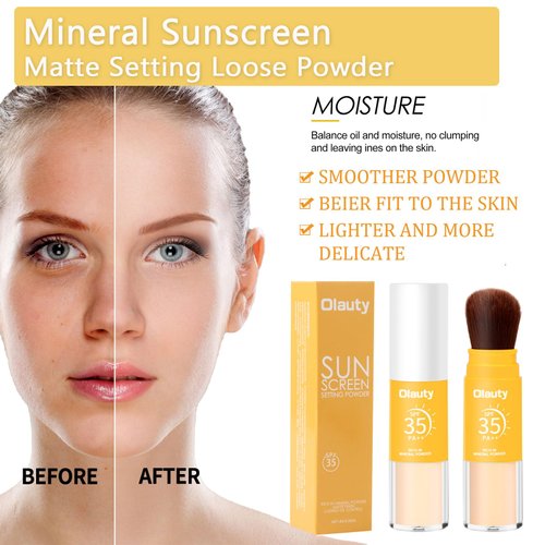 Mineral Sunscreen Setting Powder, SPF 35, Translucent Setting Brush Powder for Face, Long Lasting Oil Control Matte Loose Powder, Lightweight, Breathable (02# Medium)