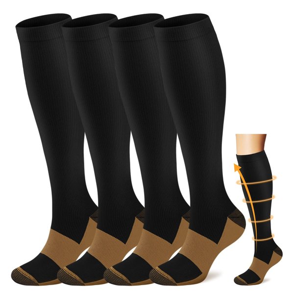 ACTINPUT Copper Compression Socks Men Women Circulation 4 Pairs-Best Support for Nurses,Running,Cycling (Black, Small/Medium)