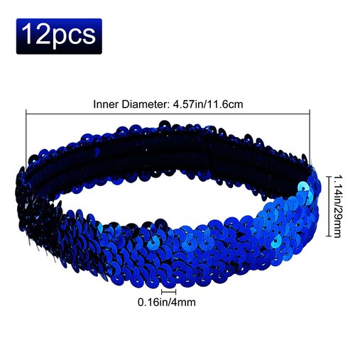 GORGECRAFT 12PCS Sequin Headband Elastic Glow Stretch Sparkle Glitter Fashion Adjustable Hair Band Accessories Pack Set for Girls Women Teens Sports Dance Party Teams Crafts(Blue)