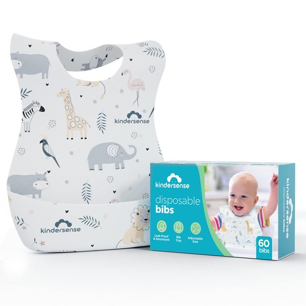 KinderSense® Disposable Baby Bibs for Feeding and Drooling (60 Count) – Travel Bibs for Baby Toddler & Child Boys & Girls | Absorbent and Leakproof –Disposable Bibs Baby